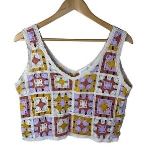 Rebellion Again Womens Crochet Top Size LG Granny Square Boho Cottagecore Hippie